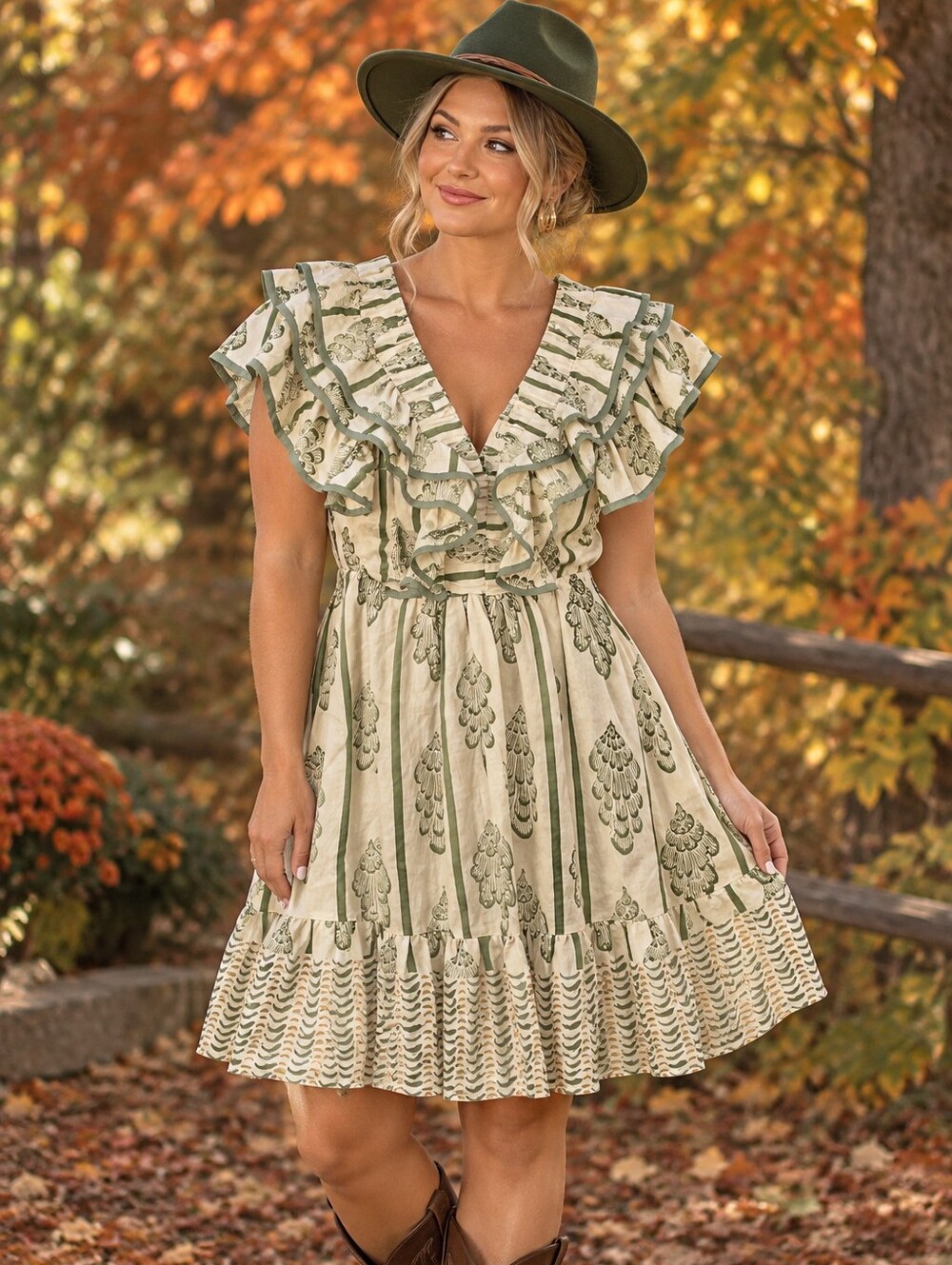 Umgee Cream Mini Dress with Sage Trim and Botanical Print